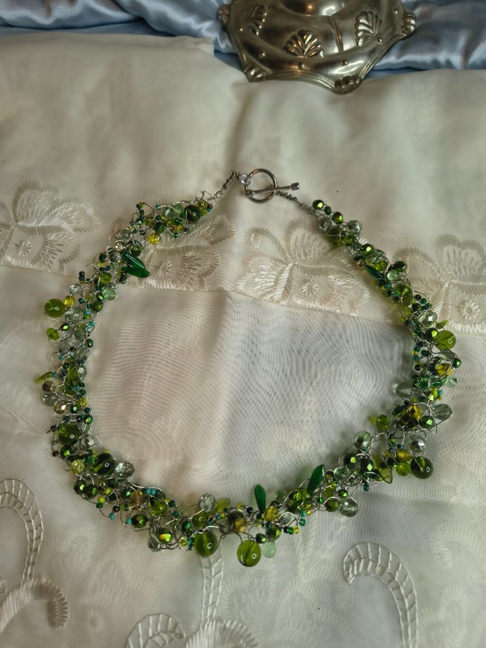 Hand Made Sterling 925 Wire Glass Beaded Collar Necklace